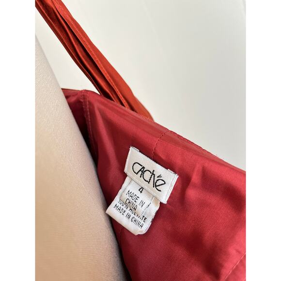 Vintage Y2K Cache Silk Ruched Dress 4 Burnt Orange Rust Asymmetric Fairy Halter - Picture 10 of 16